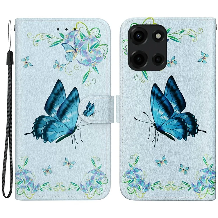 Étui portefeuille anti-chute pour Motorola Moto G Power (2025) avec impression de motif, couverture en cuir à rabat - Fleur de papillon bleue