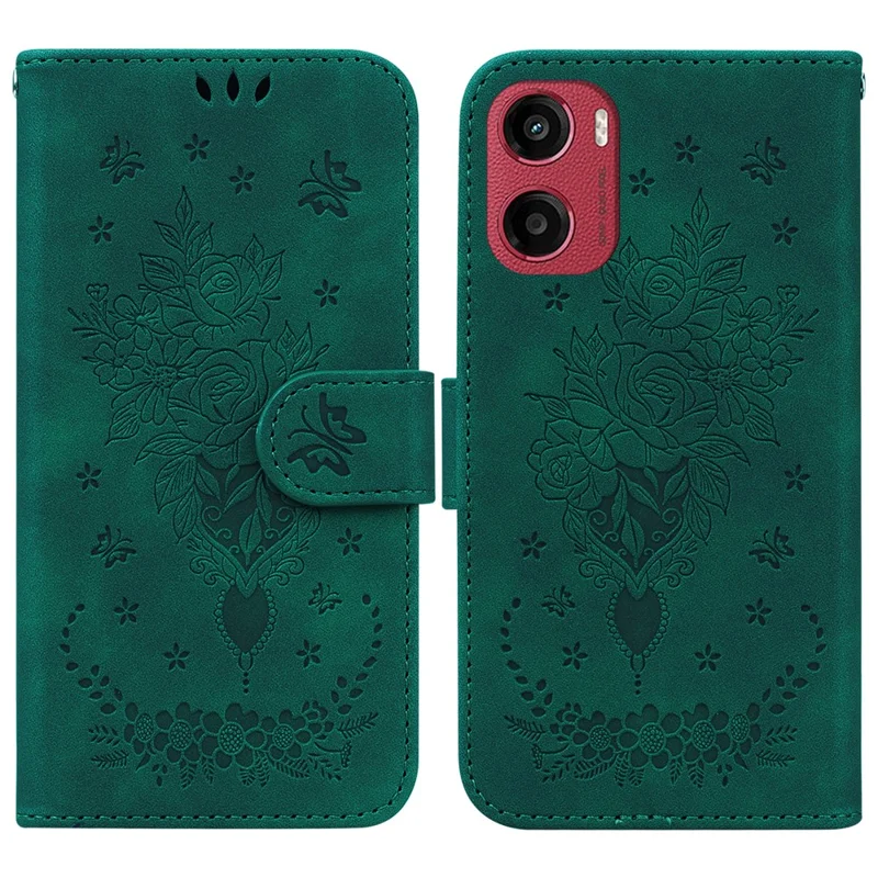 Für Motorola Moto G05 4G / E15 4G Hülle PU-Leder Geldbörse Telefonabdeckung Schmetterling Blume Prägung - Grün