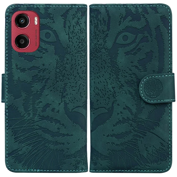 Für Motorola Moto G05 4G / E15 4G Hülle Tiger Prägung Leder Brieftasche Handyhülle - Grün