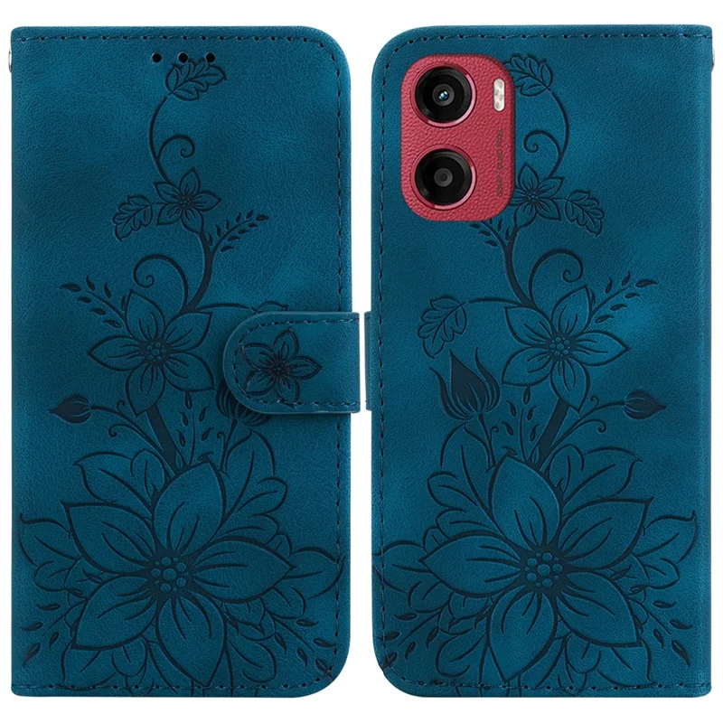 Funda de teléfono de cuero con estampado de flor de lirio y soporte para Motorola Moto G05 4G / E15 4G - Azul oscuro