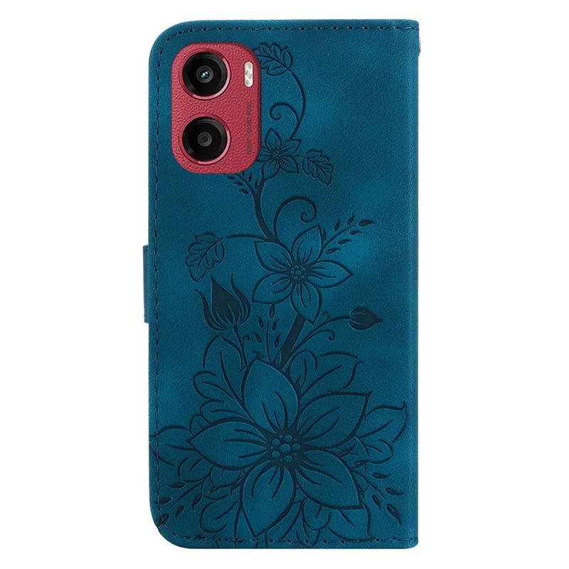 Funda de teléfono de cuero con estampado de flor de lirio y soporte para Motorola Moto G05 4G / E15 4G - Azul oscuro