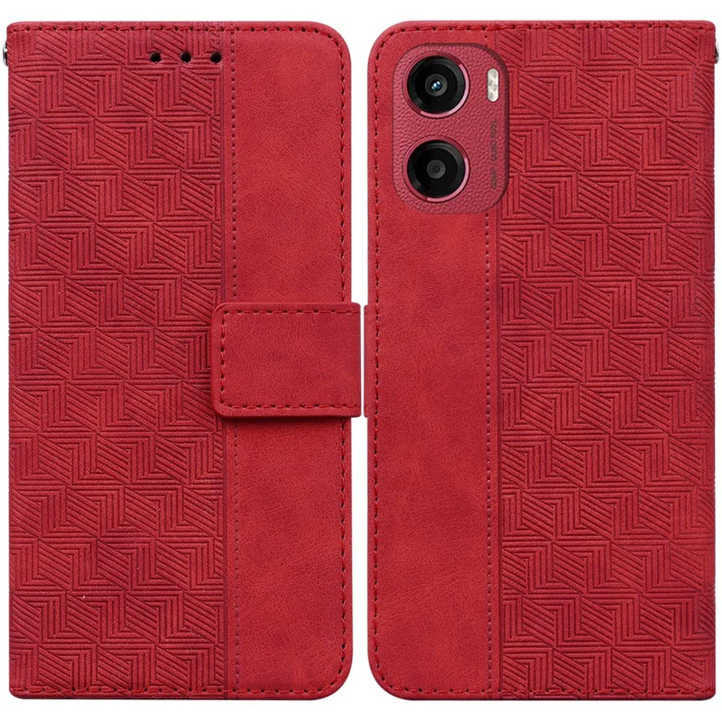 For Motorola Moto G05 4G  /  E15 4G Case Geometry Pattern Leather Wallet Phone Cover with Wrist Strap - Red