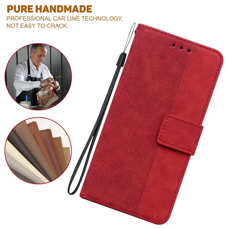 For Motorola Moto G05 4G  /  E15 4G Case Geometry Pattern Leather Wallet Phone Cover with Wrist Strap - Red