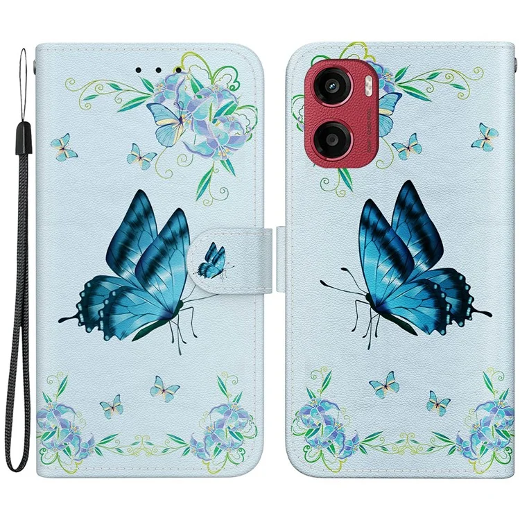 Für Motorola Moto G05 4G / E15 4G Wallet Phone Case Anti-Drop Leder Flip Cover Muster Druck - Blauer Schmetterling Blume