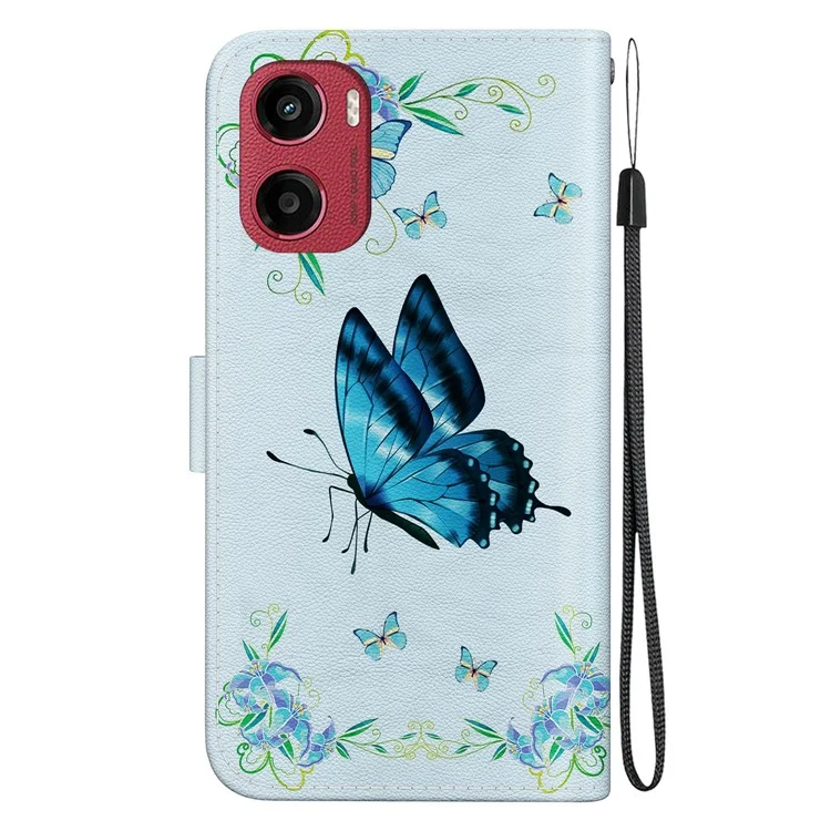 Für Motorola Moto G05 4G / E15 4G Wallet Phone Case Anti-Drop Leder Flip Cover Muster Druck - Blauer Schmetterling Blume