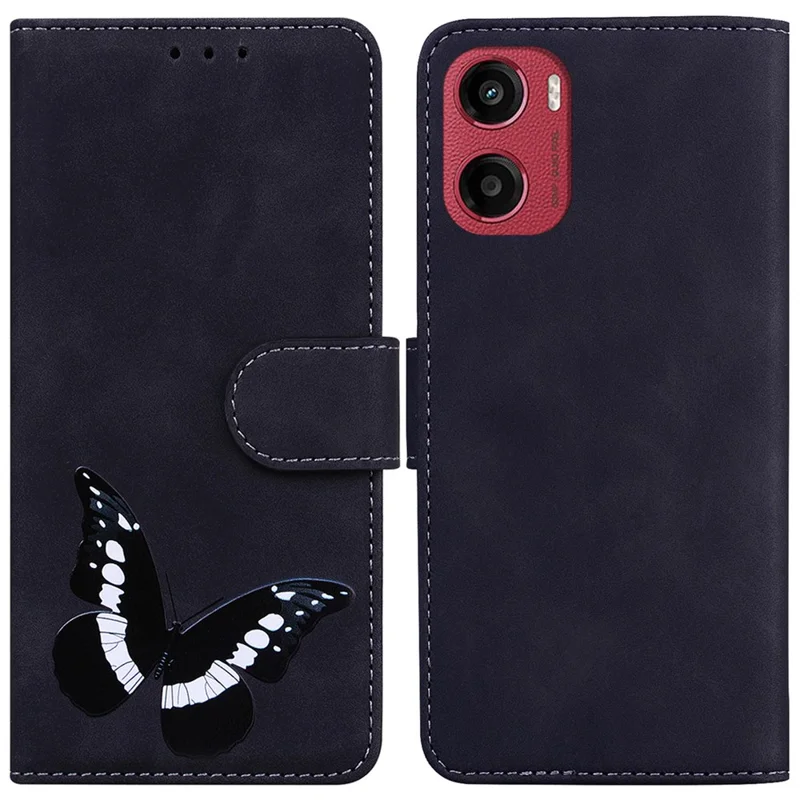 Til Motorola Moto G05 4G / E15 4G stående kuvert af PU-læder med sommerfugletryk - Sort