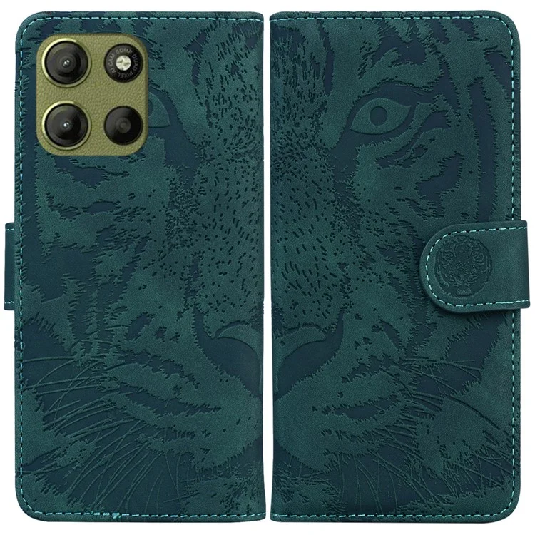 Für Motorola Moto G15 4G Hülle Tiger Prägung Leder Brieftasche Handyhülle - Grün
