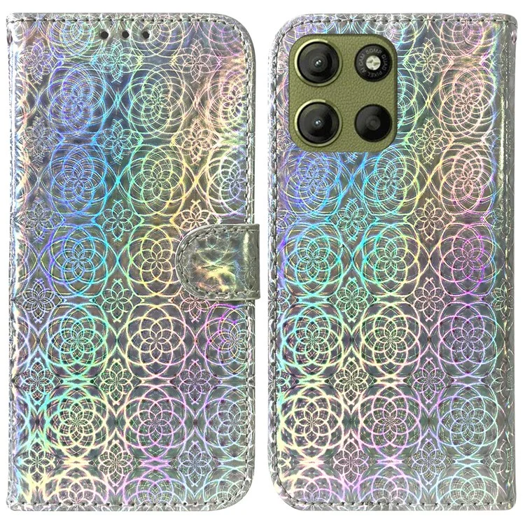 Für Motorola Moto G15 4G Stand-Case Glänzende Blume Leder Handyhülle - Grau