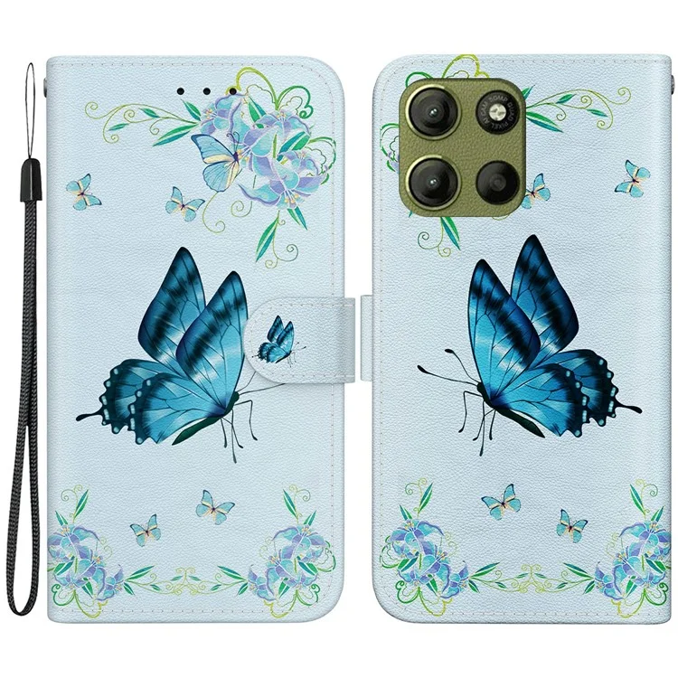Für Motorola Moto G15 4G Wallet Handy Hülle Anti-Drop Leder Flip Cover Muster Druck - Blauer Schmetterling Blume