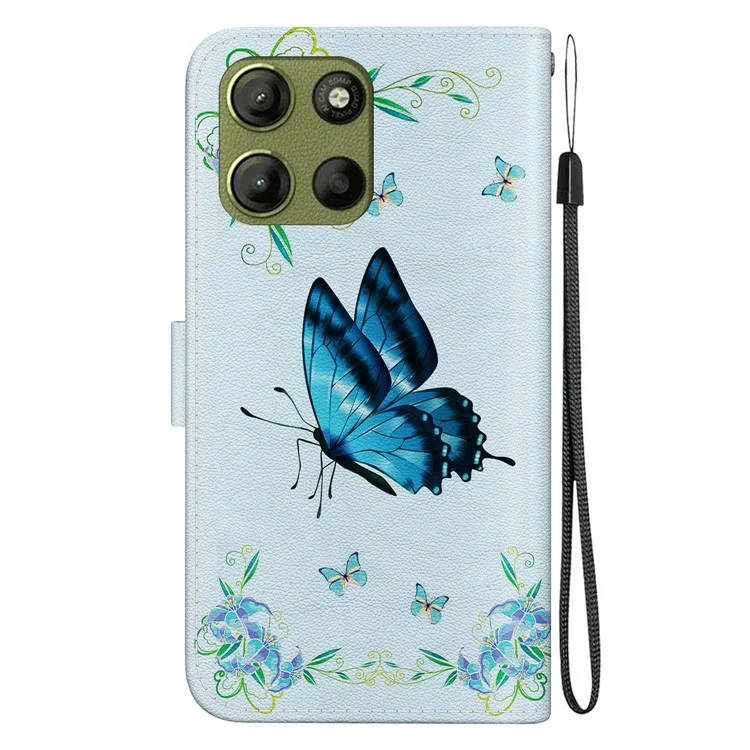 Für Motorola Moto G15 4G Wallet Handy Hülle Anti-Drop Leder Flip Cover Muster Druck - Blauer Schmetterling Blume