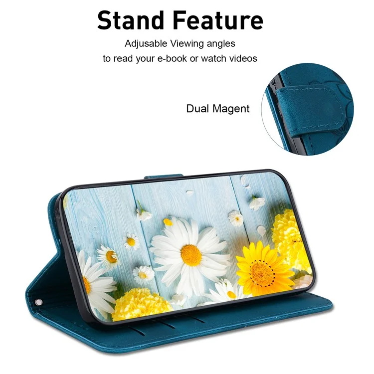 Étui pour Realme 13+ 5G avec motif fleur de lys en cuir avec support - Bleu foncé