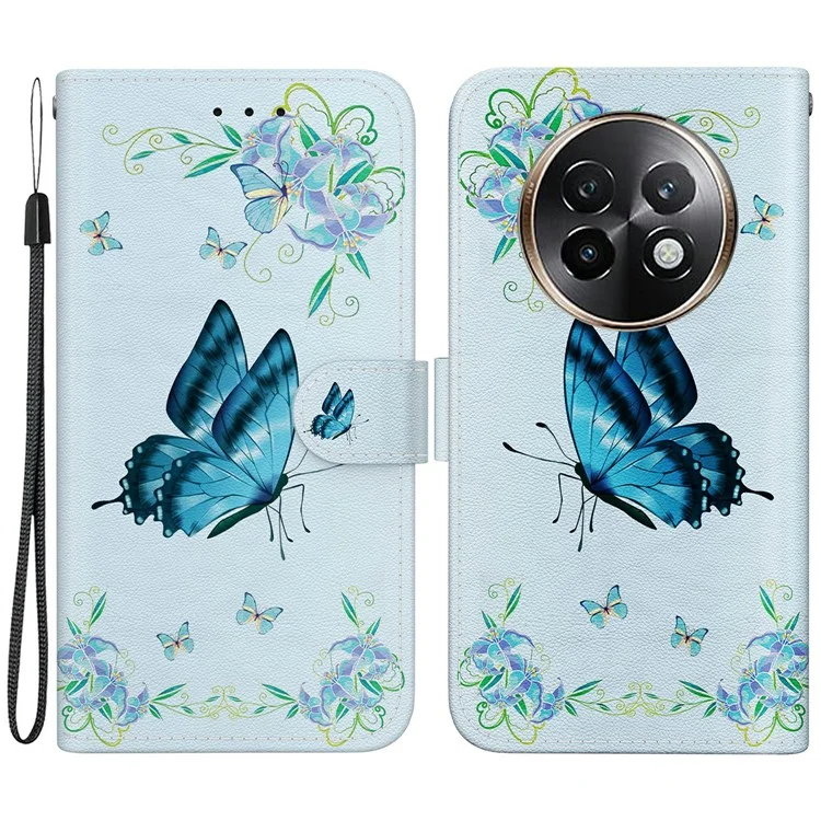 Für Realme 13+ 5G Wallet Handy Hülle Anti-Drop Leder Flip Cover Muster Druck - Blauer Schmetterling Blume