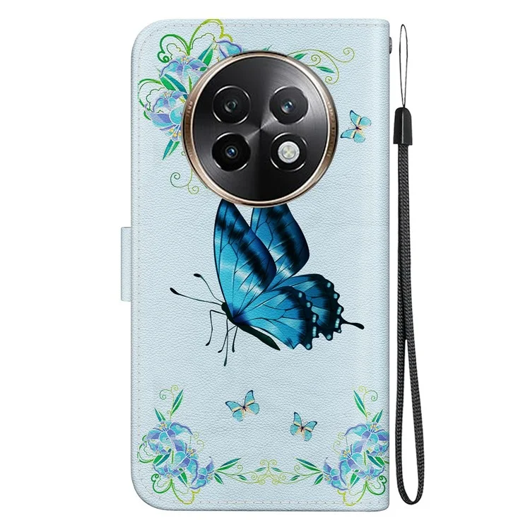 Für Realme 13+ 5G Wallet Handy Hülle Anti-Drop Leder Flip Cover Muster Druck - Blauer Schmetterling Blume