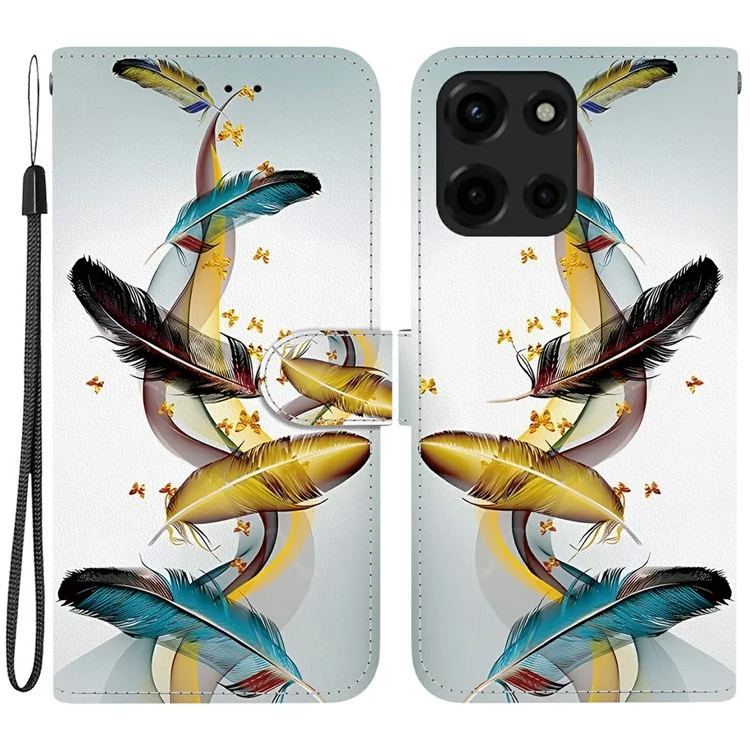 Für Motorola Moto G 5G (2025) Hülle Muster Druckenmuster Anti-Drop Leder Flip Brieftasche Handyhülle mit Schlüsselband - Goldener Schmetterling Feder