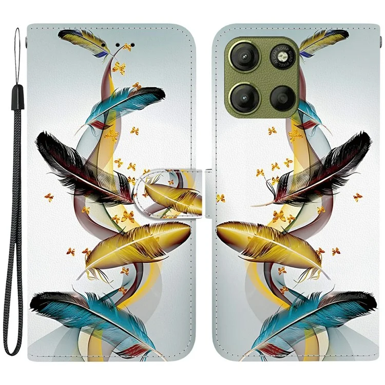 Für Motorola Moto G15 4G Hülle Musterbedruckung Anti-Drop Leder Flip Brieftasche Handyhülle mit Schlüsselband - Goldener Schmetterlingsflaum