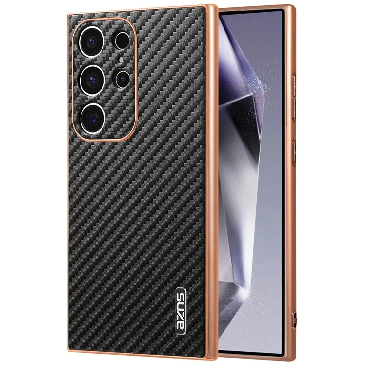 Étui pour Samsung Galaxy S23 Ultra AZNS, texture en fibre de carbone avec placage électrolytique, en PU + TPU - Noir