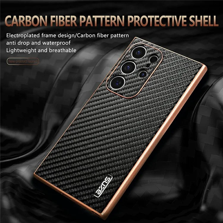 Étui pour Samsung Galaxy S23 Ultra AZNS, texture en fibre de carbone avec placage électrolytique, en PU + TPU - Noir