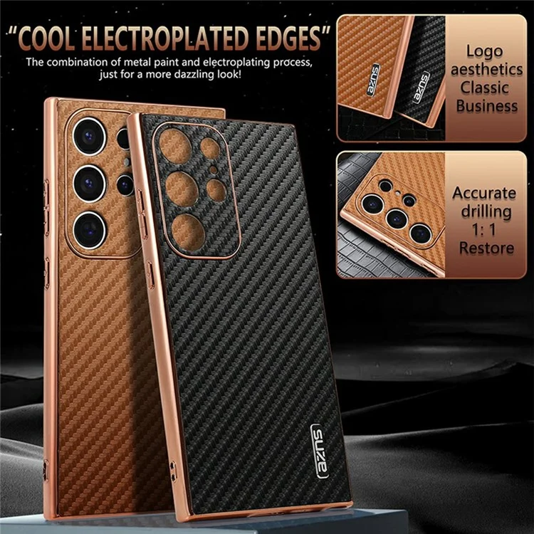 Étui pour Samsung Galaxy S23 Ultra AZNS, texture en fibre de carbone avec placage électrolytique, en PU + TPU - Noir