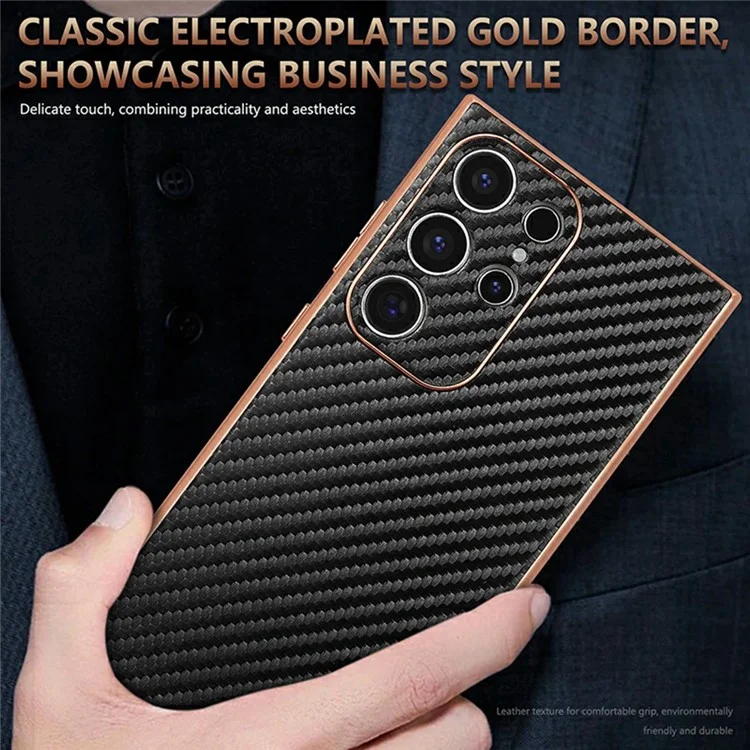 Étui pour Samsung Galaxy S23 Ultra AZNS, texture en fibre de carbone avec placage électrolytique, en PU + TPU - Noir