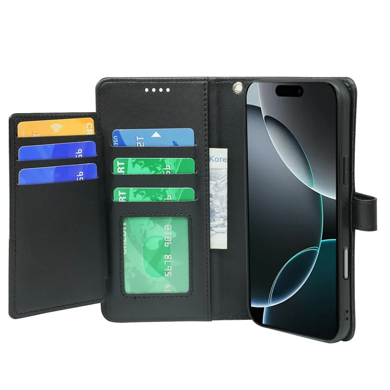 Für iPhone 16 Pro Hülle mit 9 Kartenfächern, PU-Leder, Ständer, Handyhülle - Schwarz