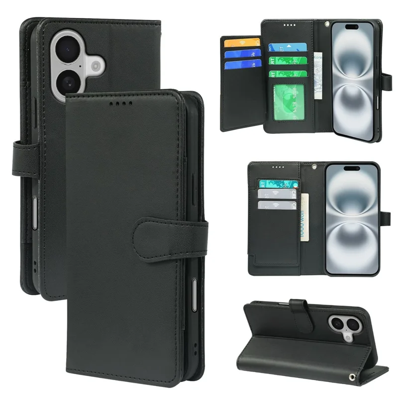 Étui pour iPhone 16 Plus avec 9 emplacements pour cartes, en cuir PU, support pour téléphone - Noir