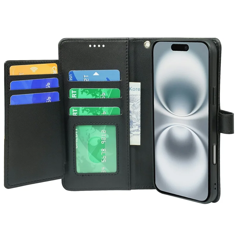 Étui pour iPhone 16 Plus avec 9 emplacements pour cartes, en cuir PU, support pour téléphone - Noir