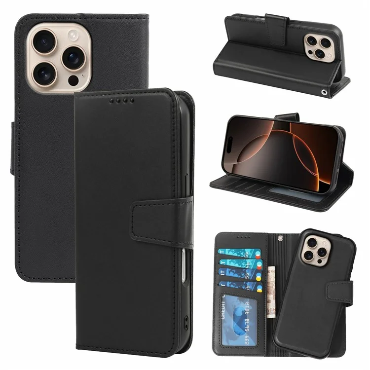 Funda para iPhone 16 Pro Max, desmontable, 2 en 1, de piel sintética tipo cartera - Negro