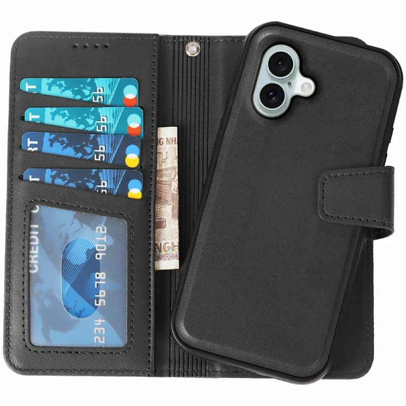 Capa para iPhone 16 Plus Destacável 2 em 1 Couro PU Carteira Capa de Telefone - Preta