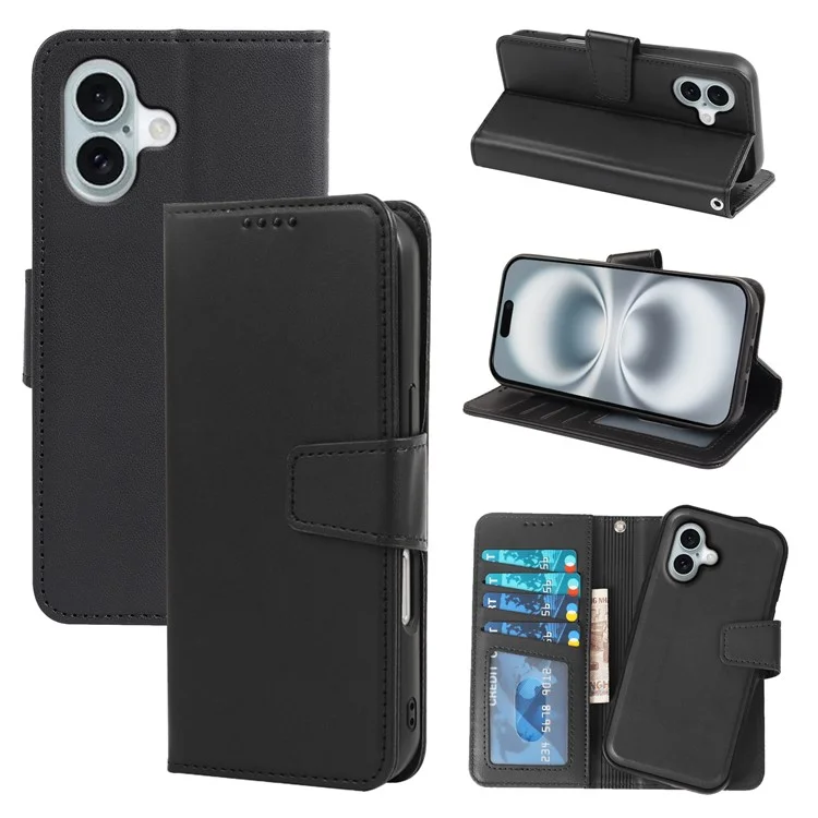 Für iPhone 16 Hülle abnehmbar 2 in 1 PU-Leder Geldbörse Handyhülle - Schwarz