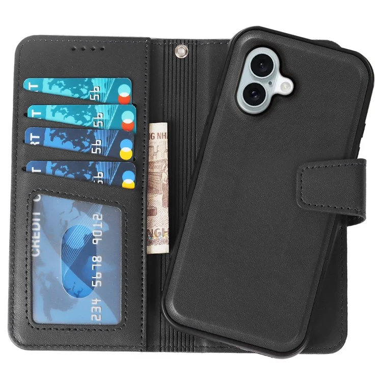Für iPhone 16 Hülle abnehmbar 2 in 1 PU-Leder Geldbörse Handyhülle - Schwarz