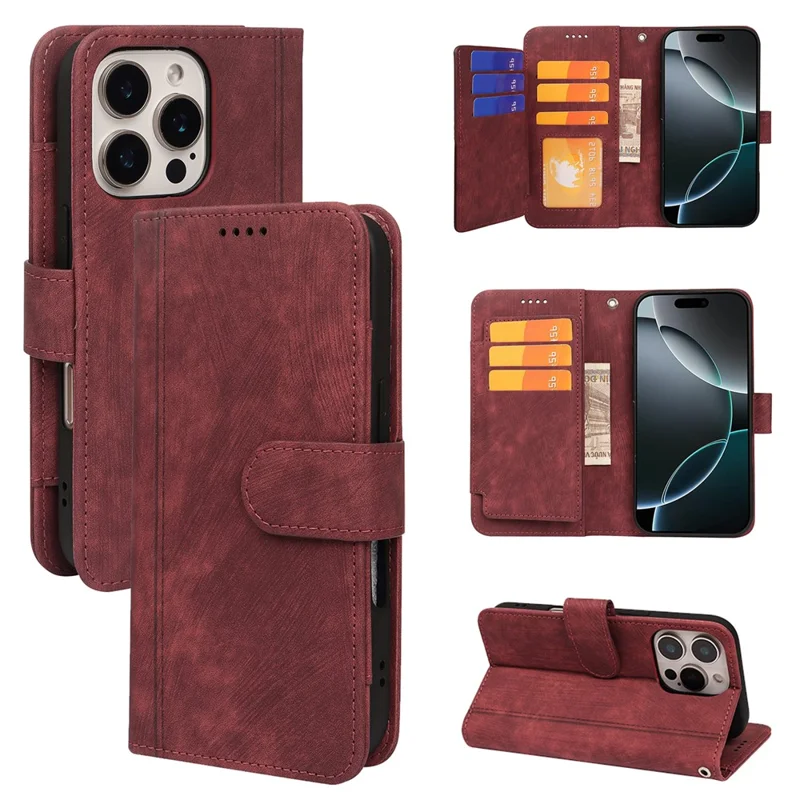Capa de couro com padrão de linha para iPhone 16 Pro Max, com 9 slots para cartões - Vermelho