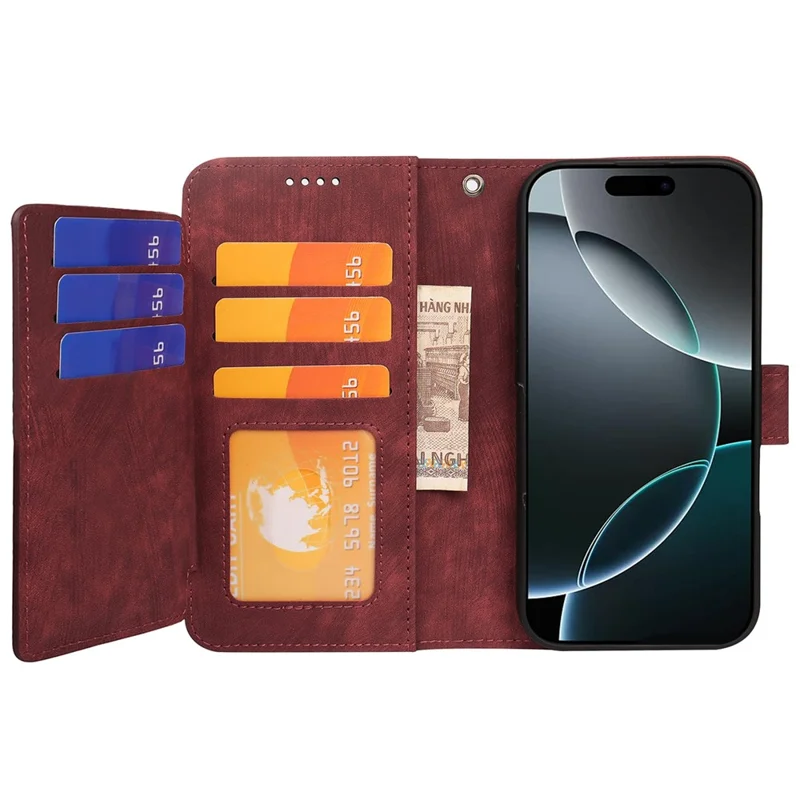 Capa de couro com padrão de linha para iPhone 16 Pro Max, com 9 slots para cartões - Vermelho