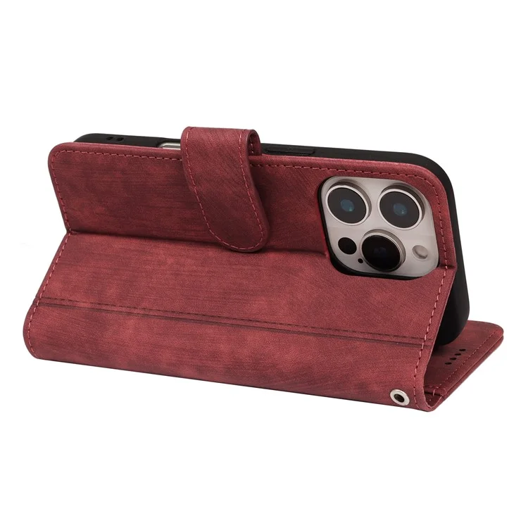 Capa de couro com padrão de linha para iPhone 16 Pro Max, com 9 slots para cartões - Vermelho
