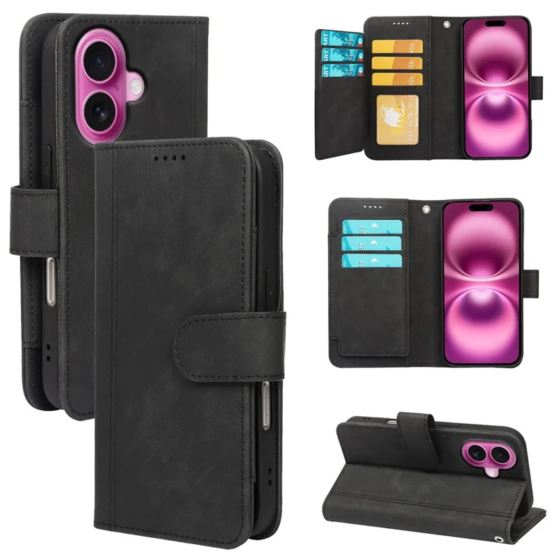 Funda de cuero con diseño de líneas para iPhone 16, con 9 ranuras para tarjetas - Negro