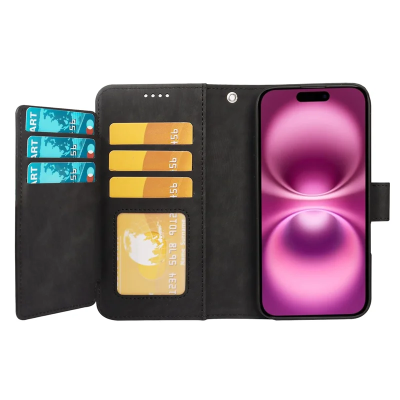 Funda de cuero con diseño de líneas para iPhone 16, con 9 ranuras para tarjetas - Negro