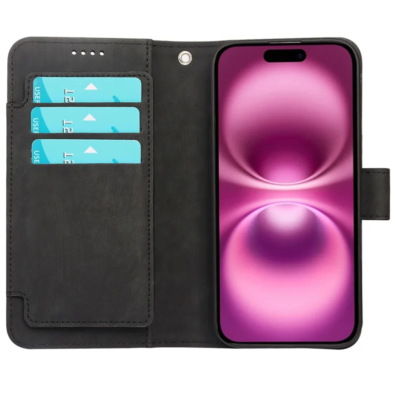 Funda de cuero con diseño de líneas para iPhone 16, con 9 ranuras para tarjetas - Negro