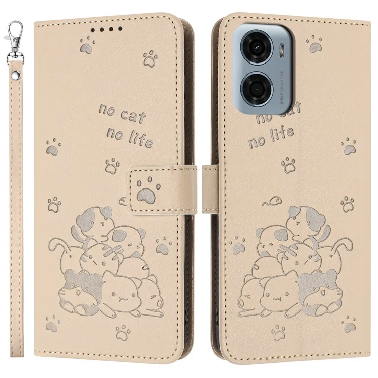 Pour Motorola Moto G05 4G Étui avec sangle Impression de chat Portefeuille en cuir Housse de téléphone - Beige