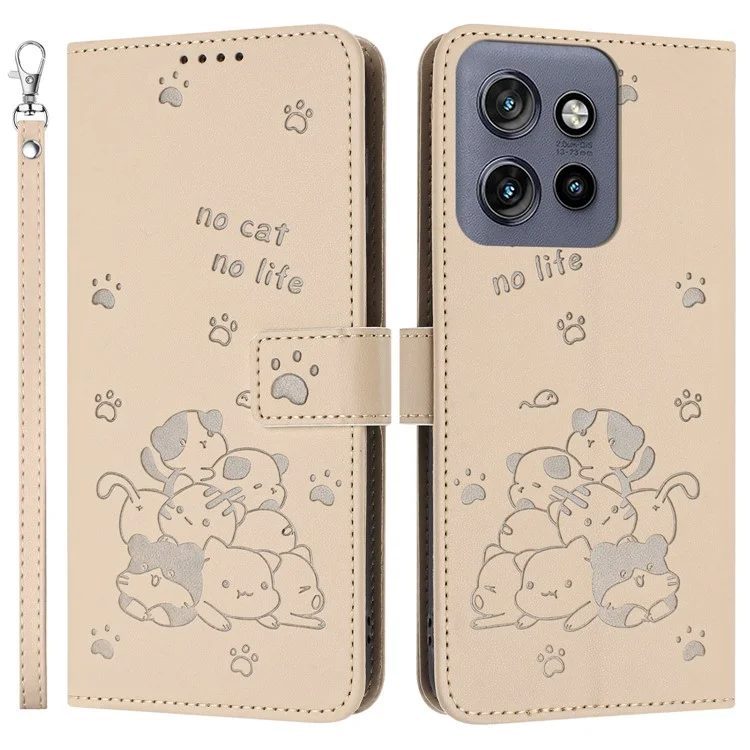 Custodia per Motorola Moto G15 4G con cinturino, stampa gatti, portafoglio in pelle, custodia per telefono - Beige