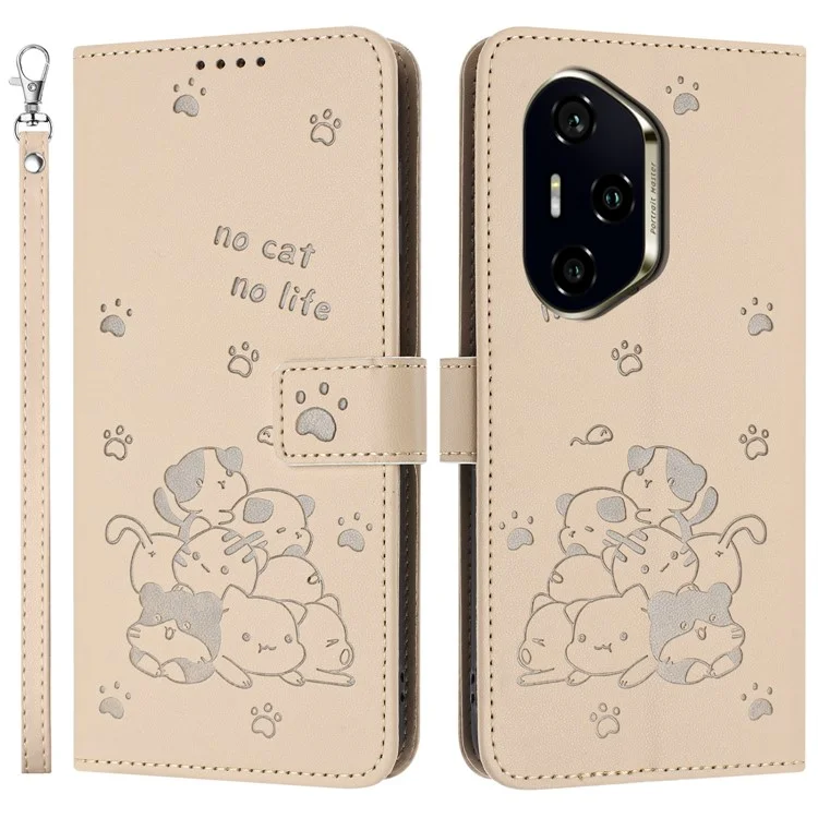 For Honor 300 Pro / 300 Ultra Case with Strap Cats Imprint Leather Wallet Phone Cover - Beige