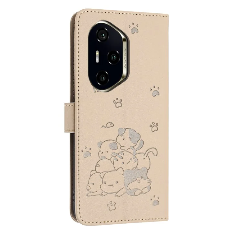 For Honor 300 Pro / 300 Ultra Case with Strap Cats Imprint Leather Wallet Phone Cover - Beige