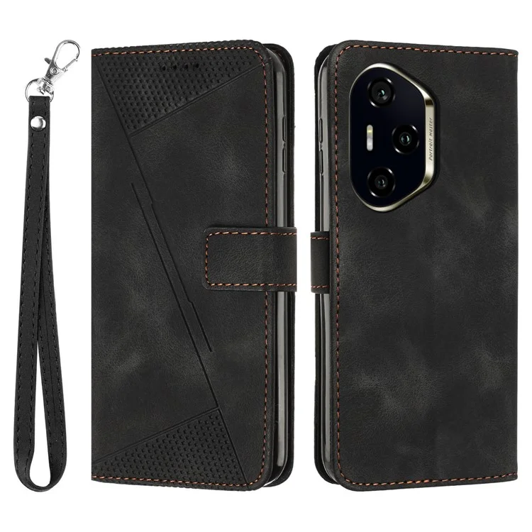 For Honor 300 Pro / 300 Ultra Case Handbag Imprinted Triangle Leather Phone Cover - Black