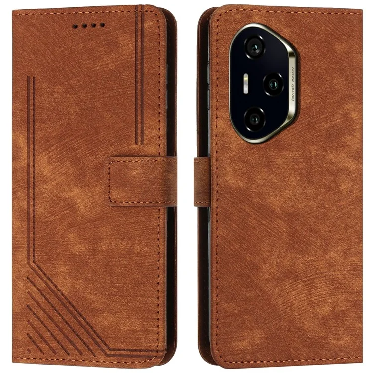 For Honor 300 Pro / 300 Ultra Case Imprinted Lines Leather Phone Cover Folding Stand - Brown