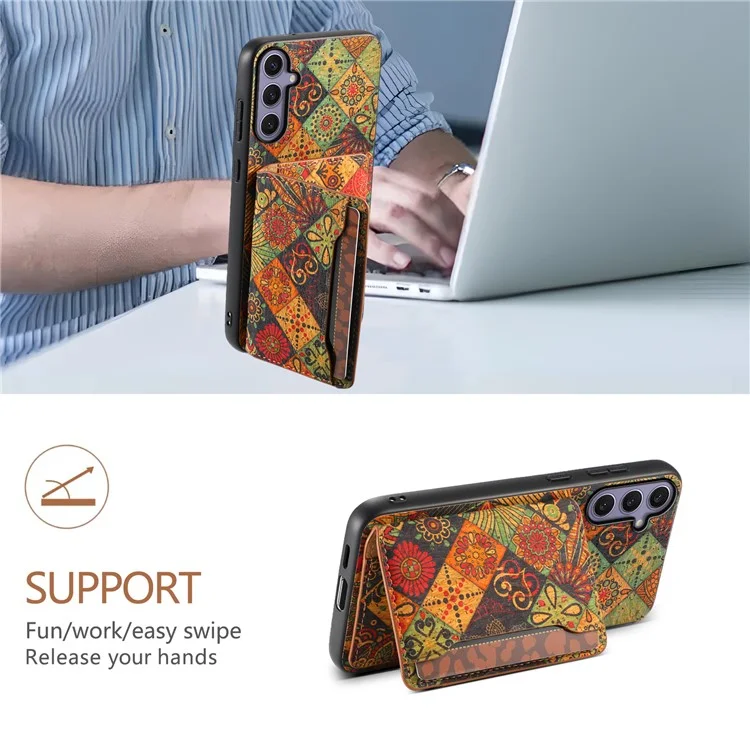 Funda para Samsung Galaxy S25+ Estampado de flores Cuero + PC + Cubierta de TPU con soporte para tarjetas y soporte - Otoño / Amarillo