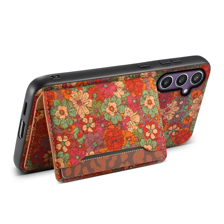 Funda para Samsung Galaxy S25 con estampado de flores de cuero + PC + TPU con soporte para tarjetas y soporte - Verano / Rojo