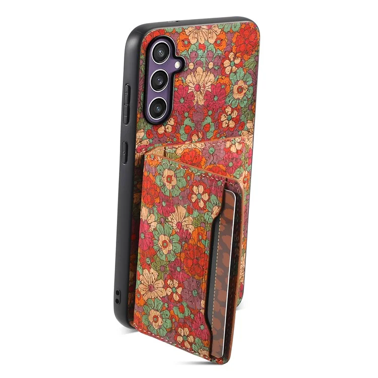 Funda para Samsung Galaxy S25 con estampado de flores de cuero + PC + TPU con soporte para tarjetas y soporte - Verano / Rojo