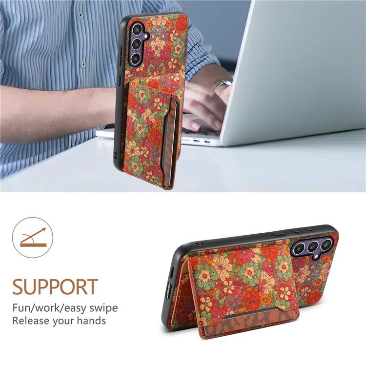 Funda para Samsung Galaxy S25 con estampado de flores de cuero + PC + TPU con soporte para tarjetas y soporte - Verano / Rojo