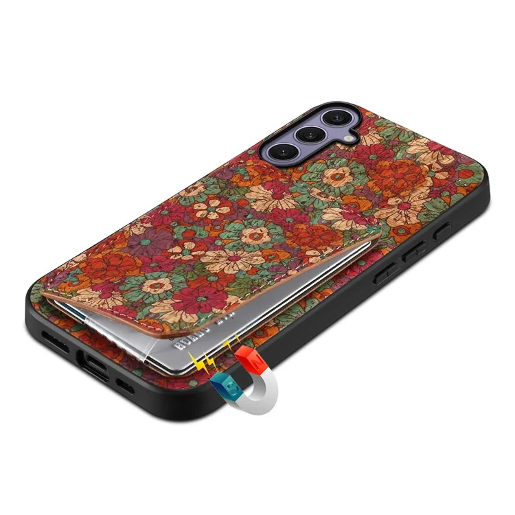 Capa para Samsung Galaxy S25+ com suporte para cartão, design de flores, capa de telefone de couro - Verão / Vermelho