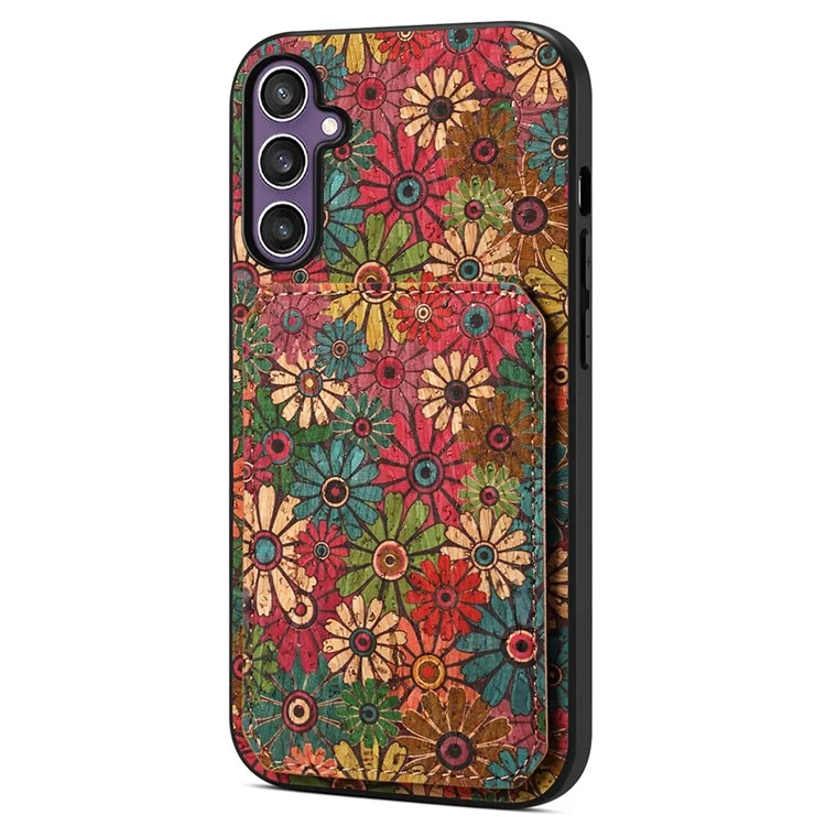Capa para Samsung Galaxy S25 com suporte e compartimento para cartão, design de flores em couro - Primavera / Verde