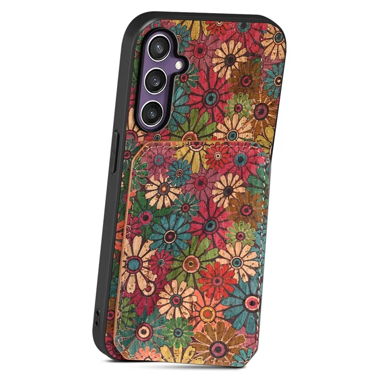 Capa para Samsung Galaxy S25 com suporte e compartimento para cartão, design de flores em couro - Primavera / Verde