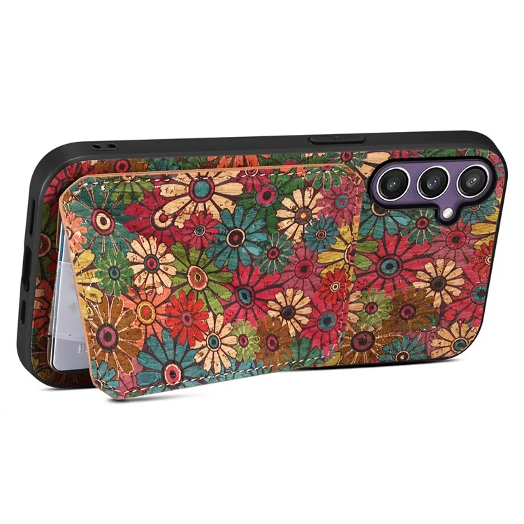 Capa para Samsung Galaxy S25 com suporte e compartimento para cartão, design de flores em couro - Primavera / Verde